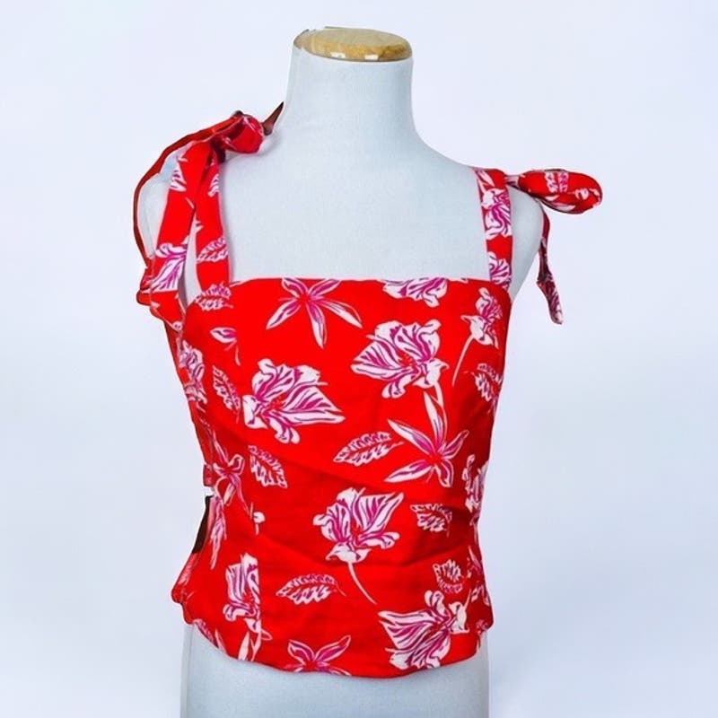 Joie Red Tropical Floral Print Linen Blend Crop Top Size 10 Nwt Summer Beach